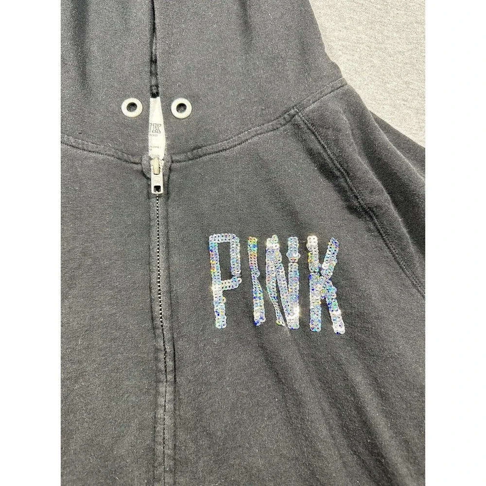 Victoria’s‎ Secret Pink Black Sequin Bling P Logo Full Zip Hoodie L